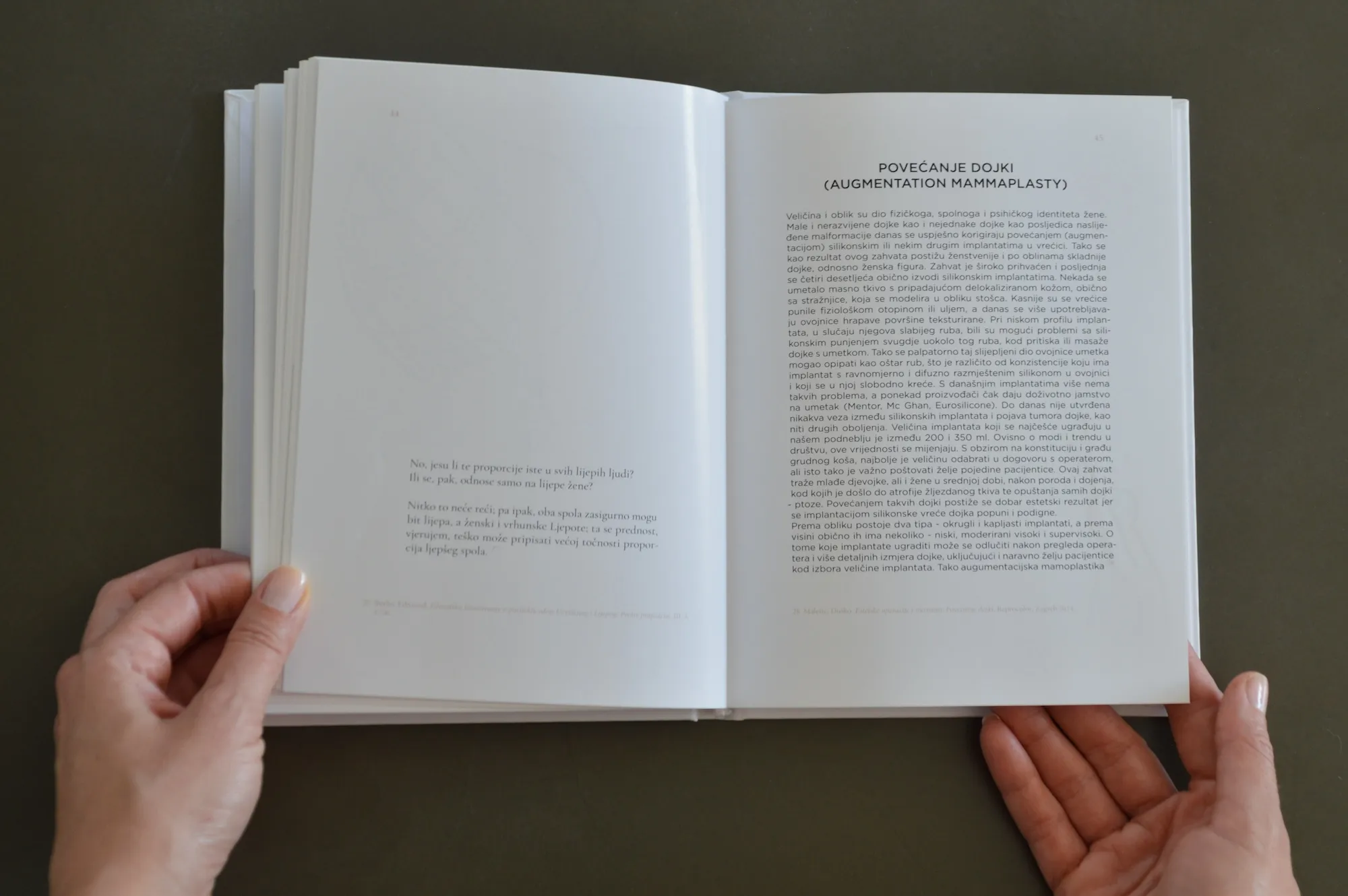 Book spread with the heading "Povećanje dojki (Augmentation Mammaplasty)" and clinical text on breast augmentation.