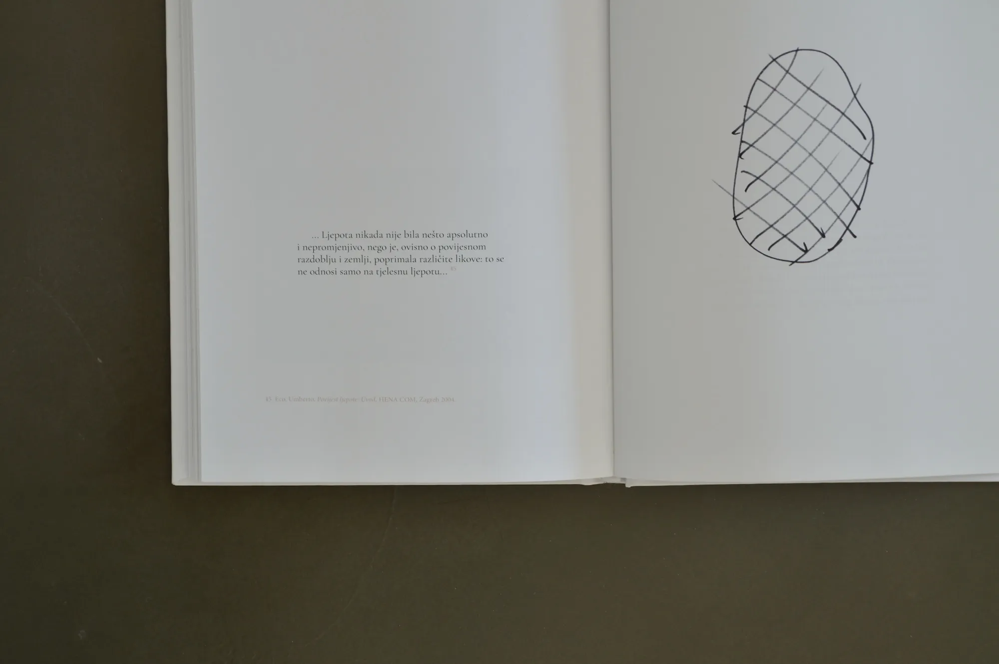Book spread with a quote from Umberto Eco's History of Beauty and a hand-drawn cross-hatched oval.