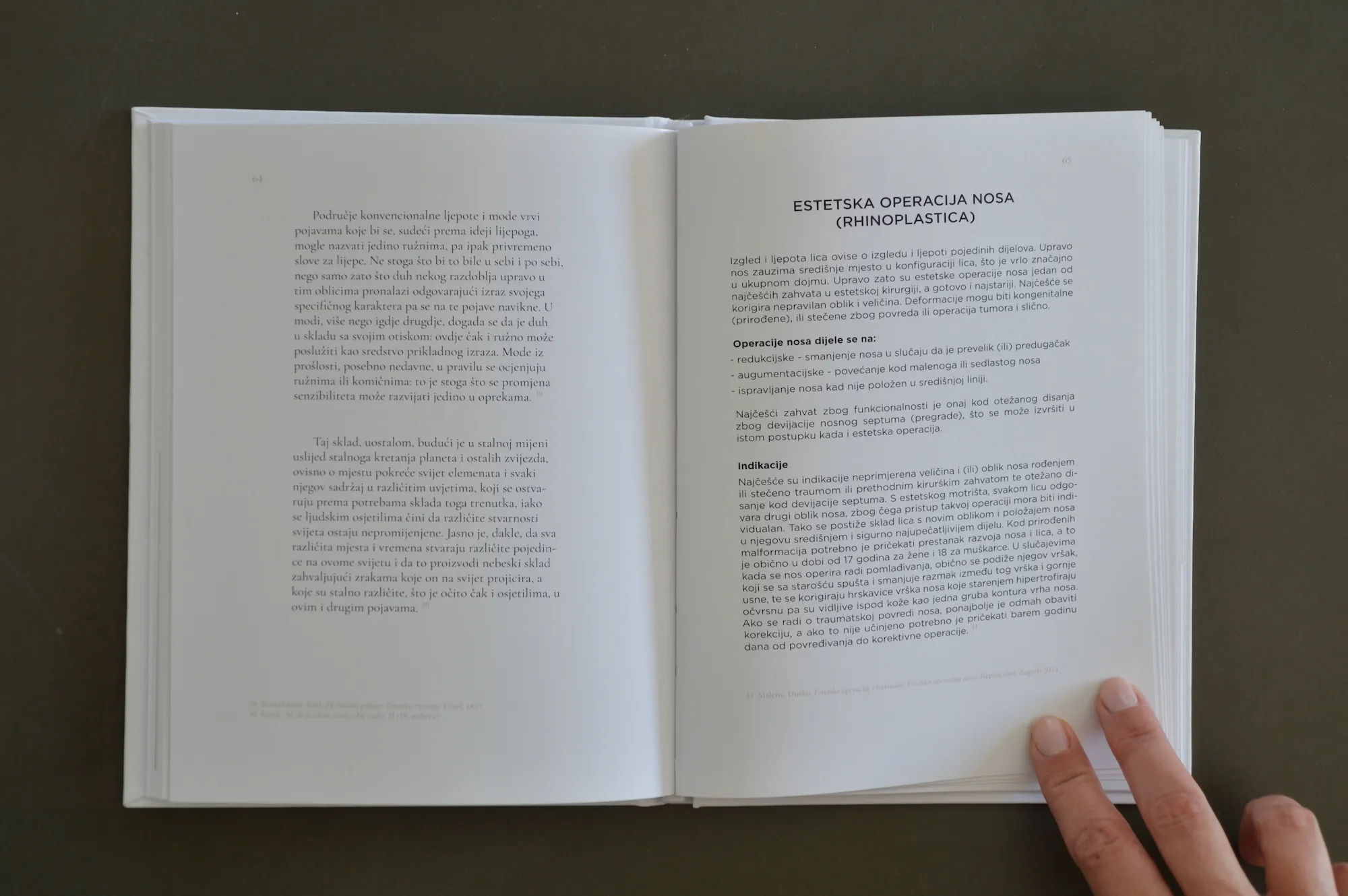 Book spread with the heading "Estetska operacija nosa (Rhinoplastica)" and clinical text on nose surgery.