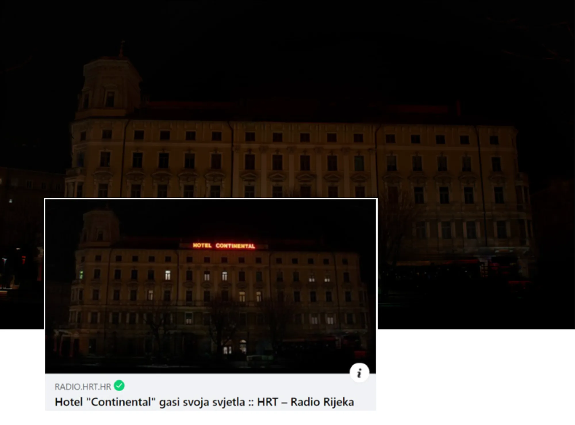 Screenshot of the HRT Radio Rijeka news article "Hotel 'Continental' gasi svoja svjetla", showing the headline and building photo.