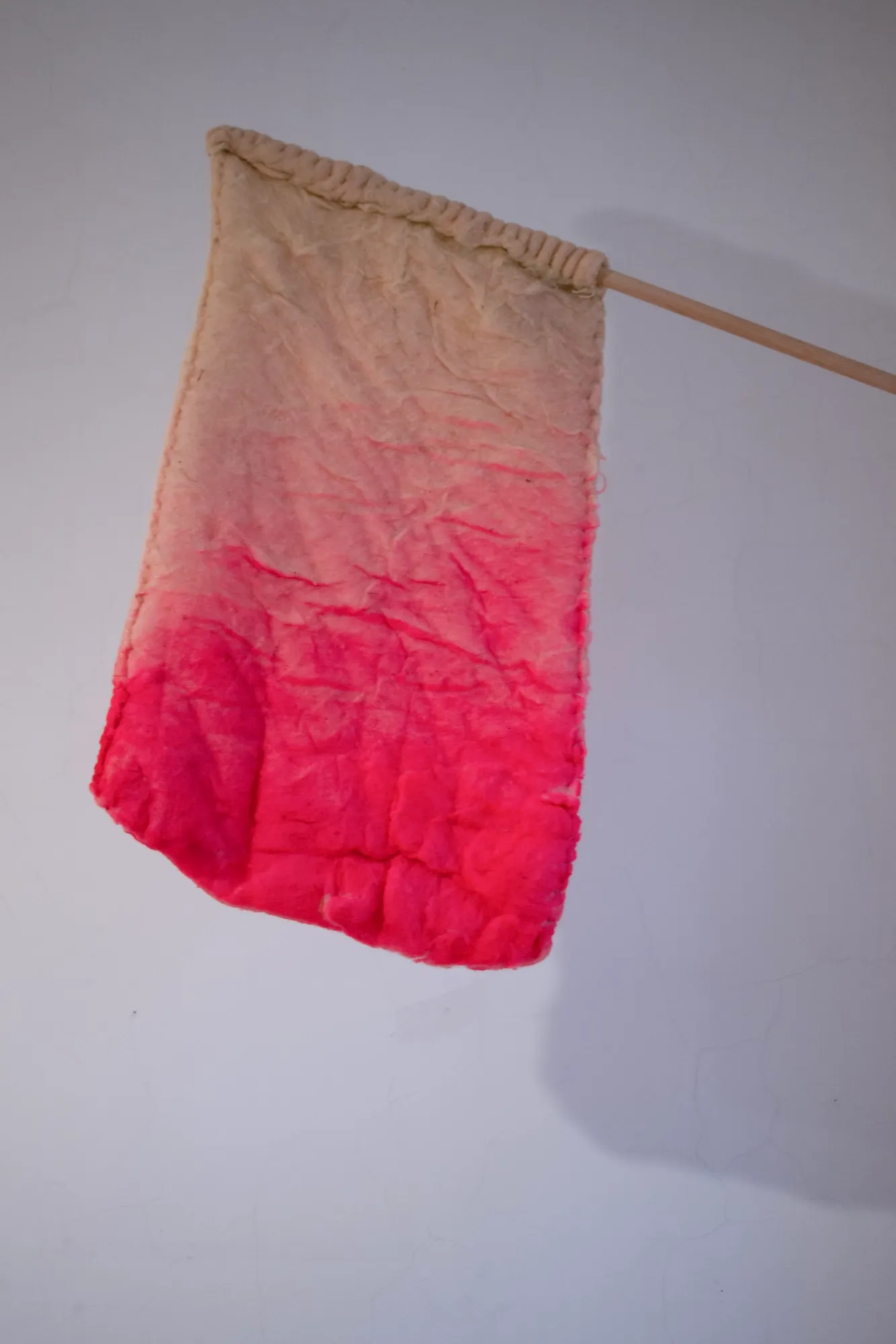 Full view of the felted wool flag hanging from its stick against a plain wall.
