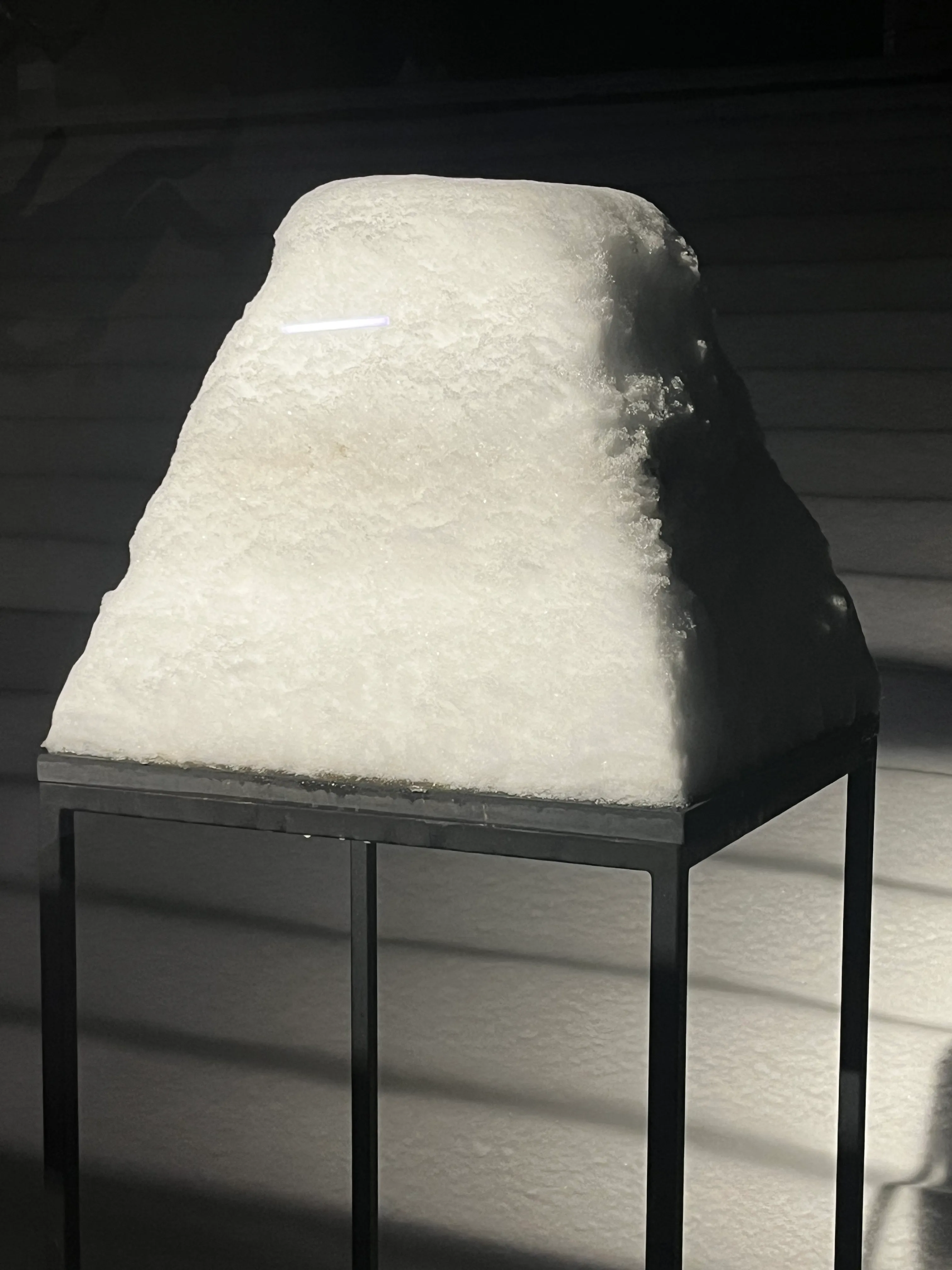 The sculpture displayed on a thin black metal stand against a white wall with a printed text panel behind it.