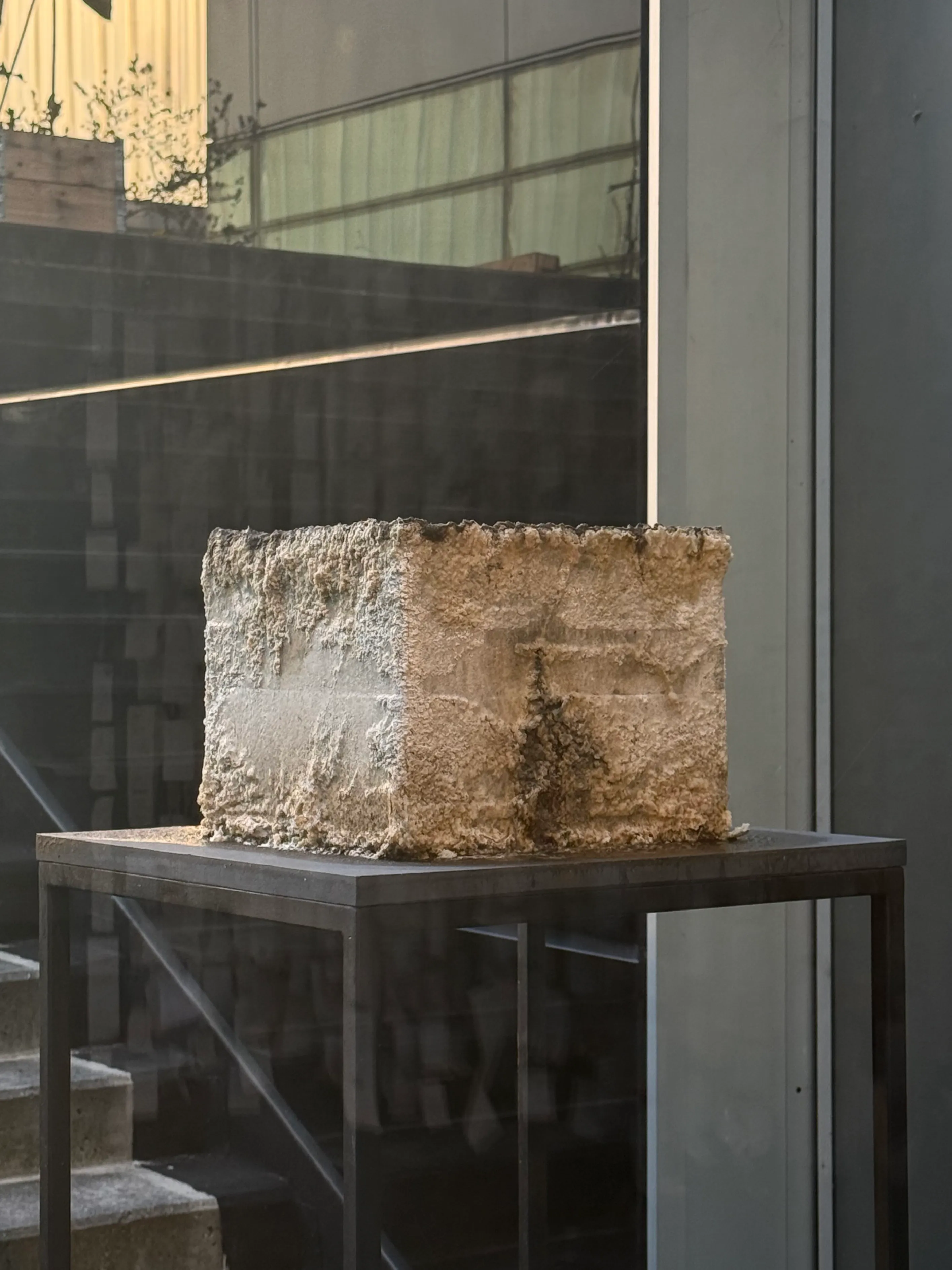 Close-up of the sculpture on its stand, showing a weathered surface with white efflorescence patches.