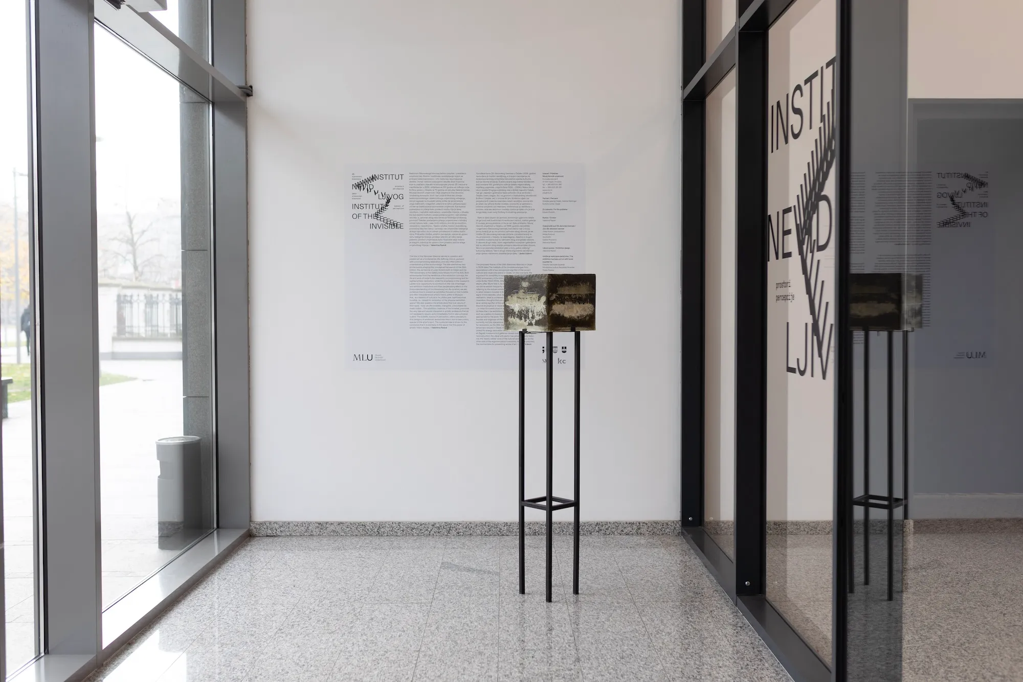 Gallery entrance with wall text reading "Institute of the Invisible" and the sculpture displayed on a stand.