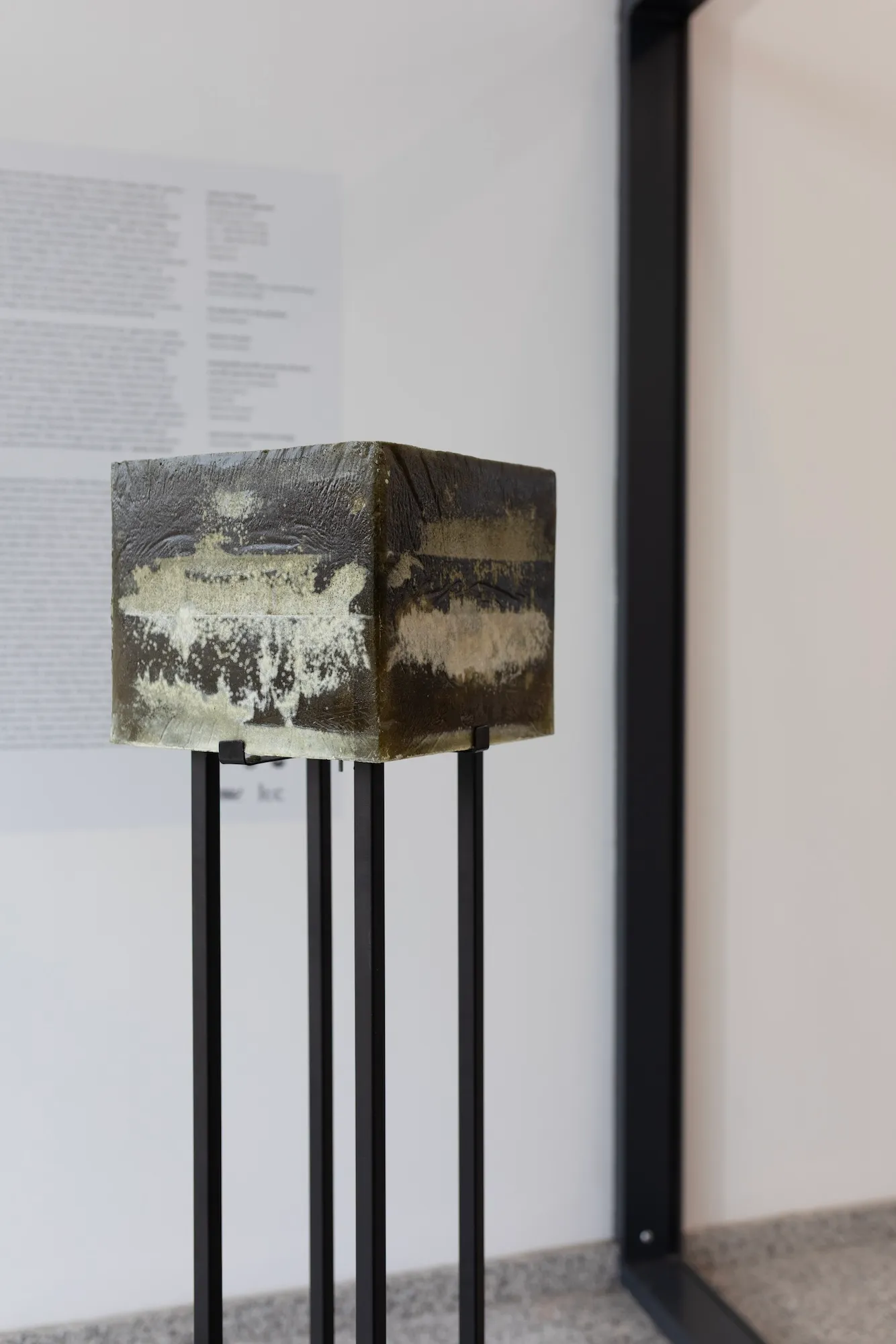The sculpture on its stand, showing a weathered surface with white patches, with an exhibition text panel blurred in the background.