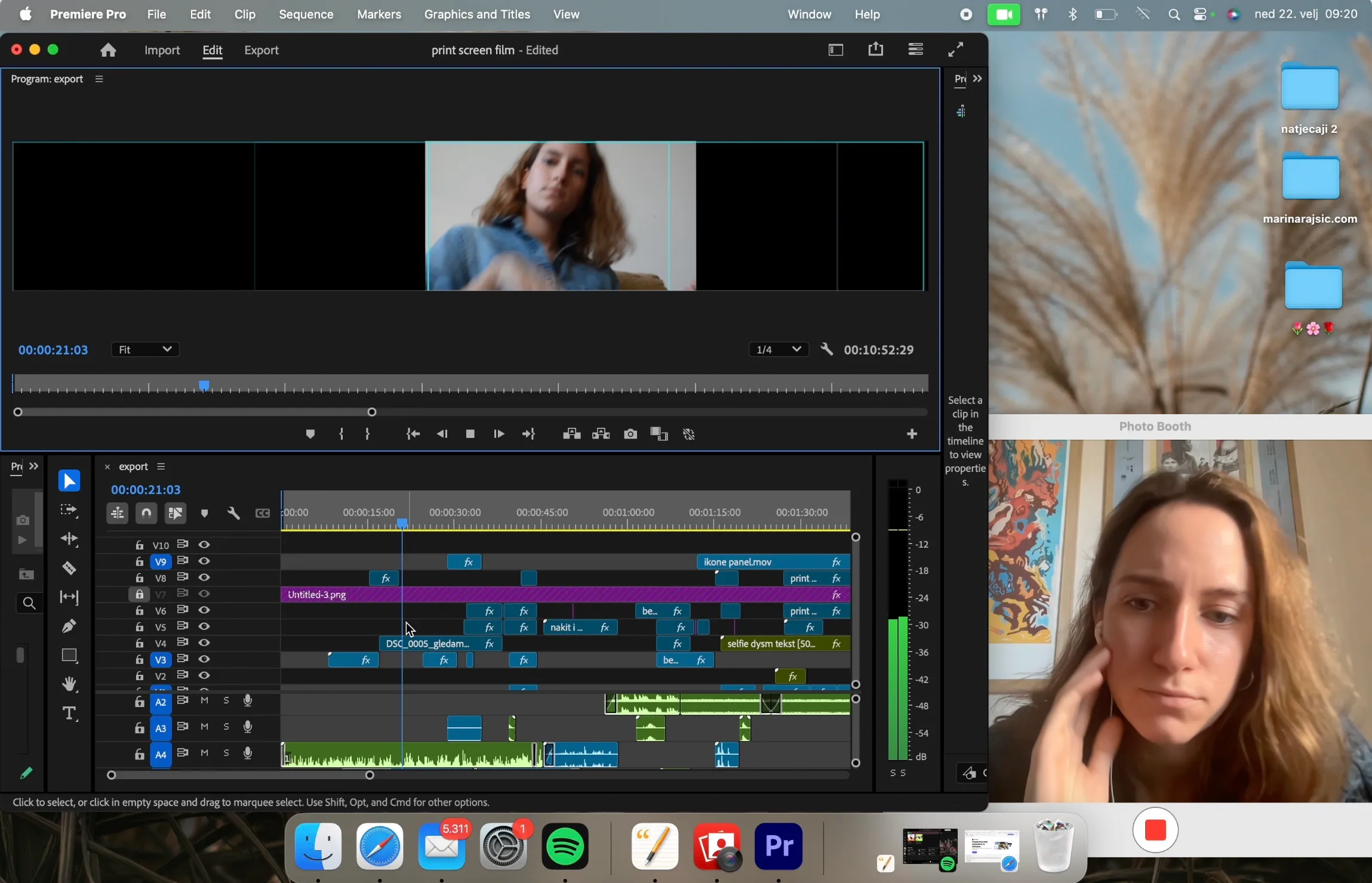 A screenshot of a video-editing timeline in Premiere Pro for the film, showing a close-up frame of a woman speaking to camera, with a Photo Booth window and desktop folders visible in the background.