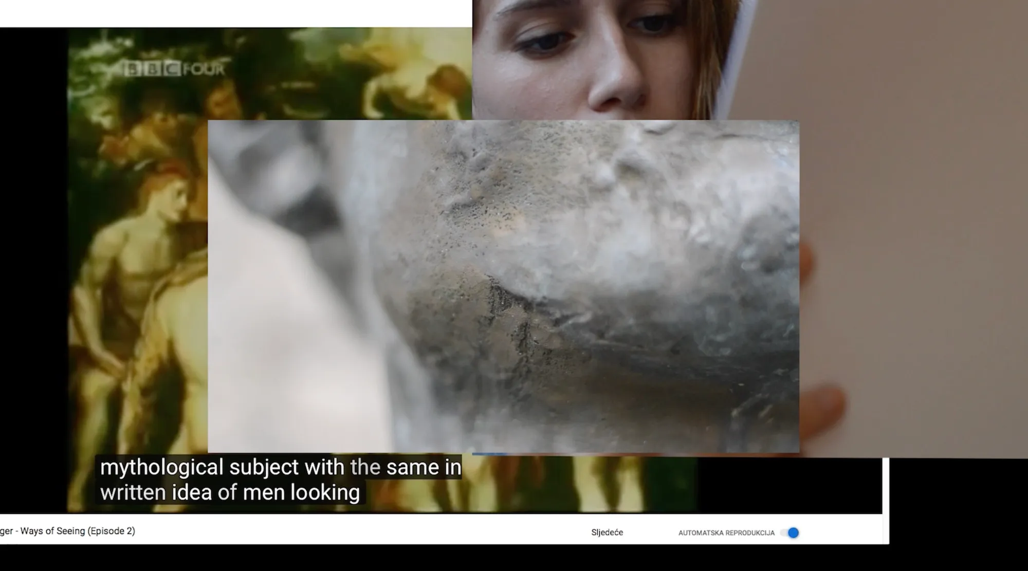 A collage film still of a BBC Four broadcast of a Renaissance painting behind a close-up of a weathered stone bust's surface, captioned "mythological subject with the same inherited idea of men looking".
