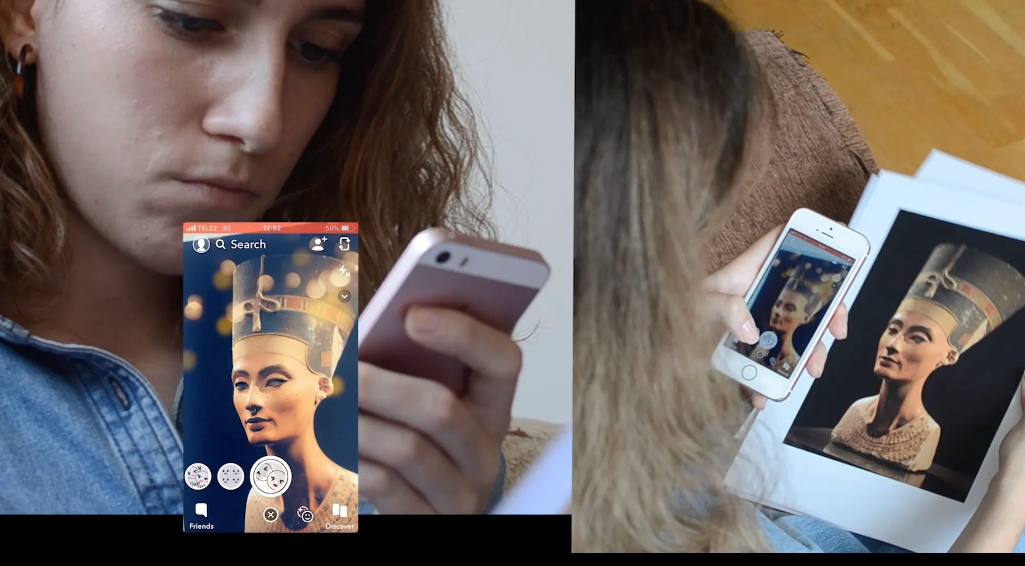 A split-screen film still of two women holding phones up to a printed photo of the Nefertiti bust, one with a face-filter app open over the image.