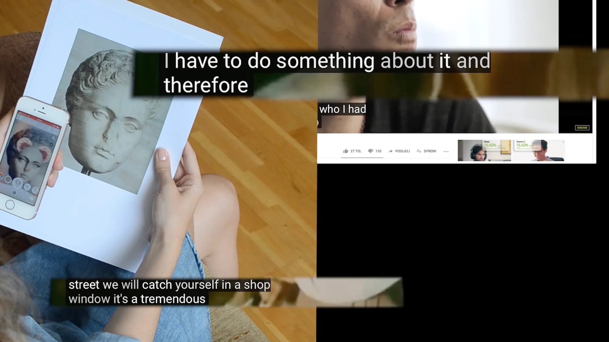 A collage film still of a hand holding a phone with a face filter over a printed photo of a classical marble head representing Saphe, overlaid with video captions and a YouTube comments interface.