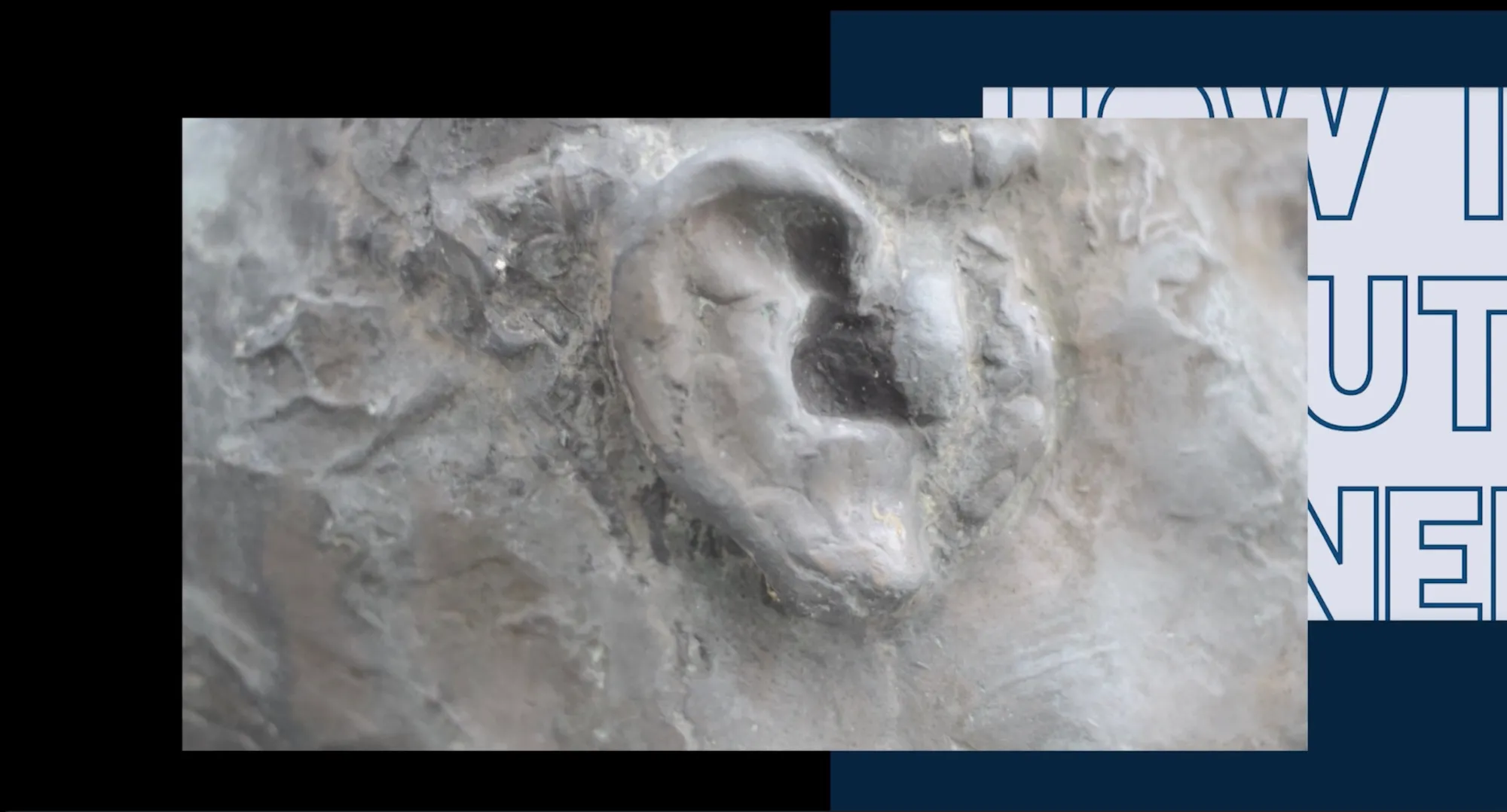 An extreme close-up film still of a weathered stone ear and face texture, overlaid on a dark blue screen with partially visible bold white text.